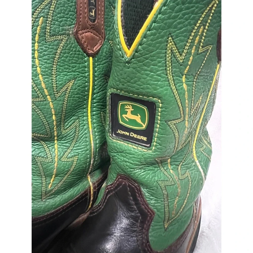 John Deere Western Boots Childrens 6.5M Brown Green Leather Cowboy Work Farmcore